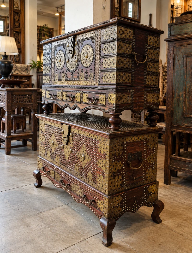 An ornate brass-studded chest on a carved stand, with brass corner plates and ring handles