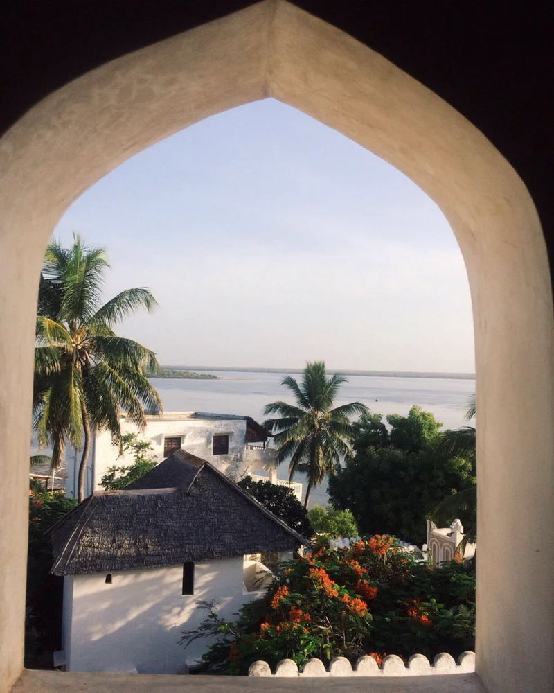 The view through a pointed Swahili arch over palms, white rooftops and the water